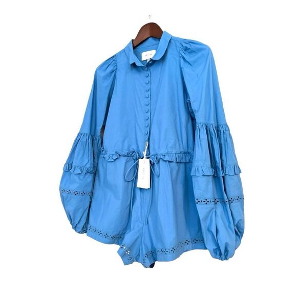 Joslin Lili Cotton Eyelet Ruffle Poplin Cotton Romper in Cerulean Blue, Size 2 - Picture 9 of 16